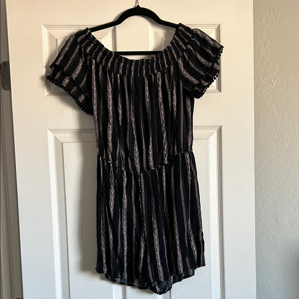 Striped Off-Shoulder Romper in Black and White